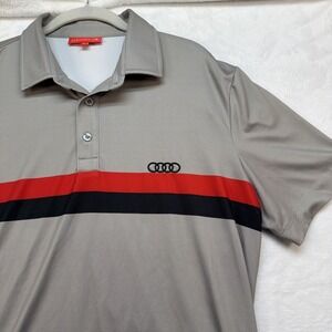 Audi Redvanly Golf Polo Shirt Gray Red Stripe Performance Short Sleeve Mens M